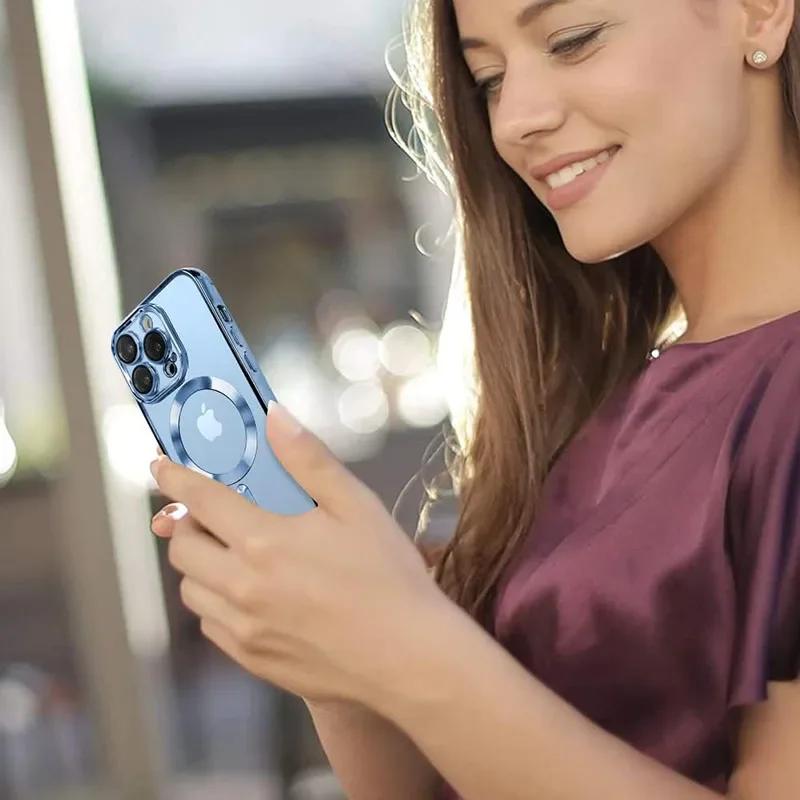 Clear Plating Magnetic Case For Iphone 16 15 14 13 12 11 Pro Max Plus Lens Protection For Magsafe Wireless Charging Cases Cover