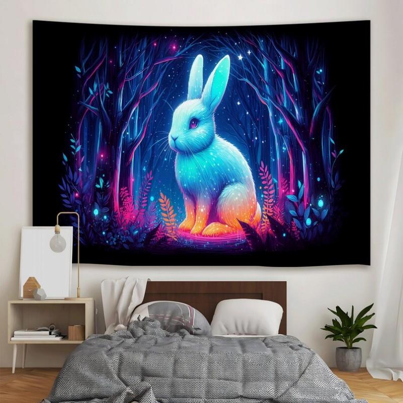 Glowing Bunny Tapestry Polyester Wall Art Fantasy Night Forest Tapestry for Living Room Room Decoration 100X70CM