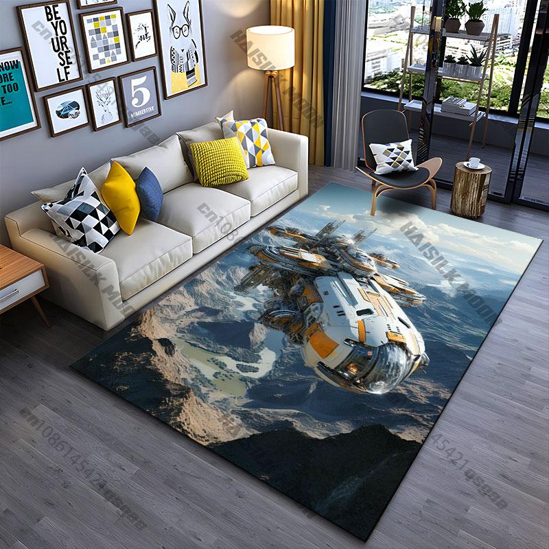 Futuristic Spacecraft Exploring Mountainous Terrain Carpet Yoga Living Room Room Decor Children's Crawling Mat Doormat Rug