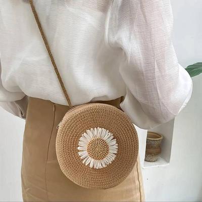 Runde Strohtaschen für den Sommer für Frauen, Rattan gewebte Strandtasche, handgefertigte Umhängetasche