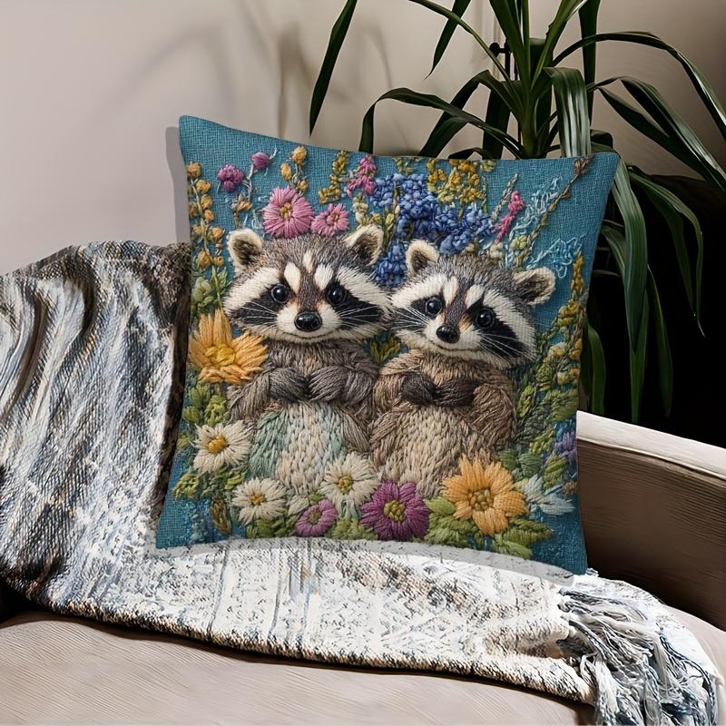 Jgevans Floral & Raccoon Cushion Covers Chair Living Room Pillowcase Cozy Zipper Sofa Pillow Covers Bedroom Indoor Home Decor