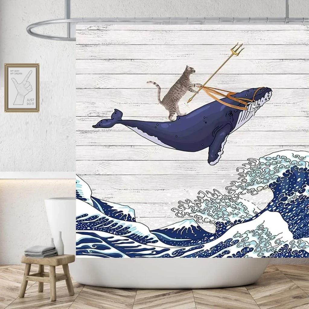 Funny Shower Curtains Bathroom Curtain With Hooks Decor Waterproof Cute Cat Dinosaur Bath Polyester Fabric