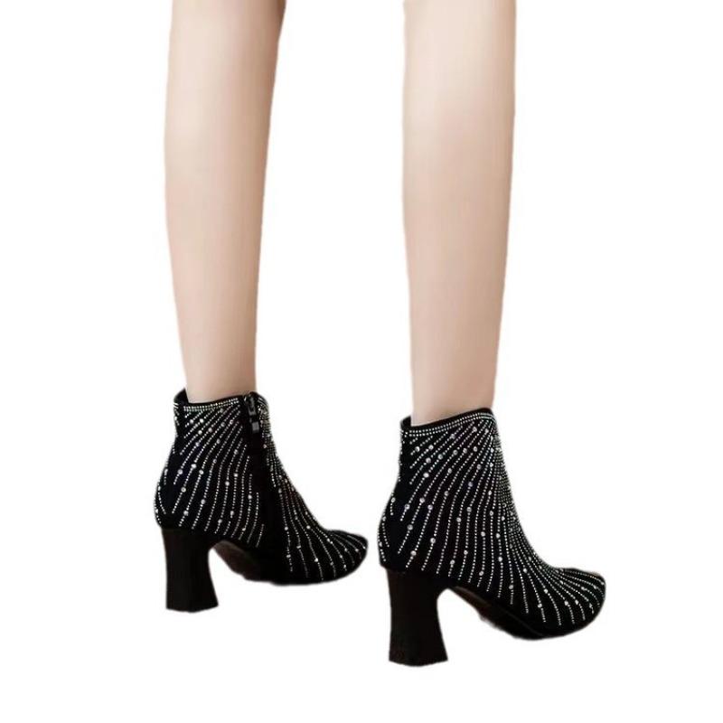 Gypsy rhinestone short boots women's autumn and winter new pointed anti-collision high heels fashion boots side zipper Martin boots