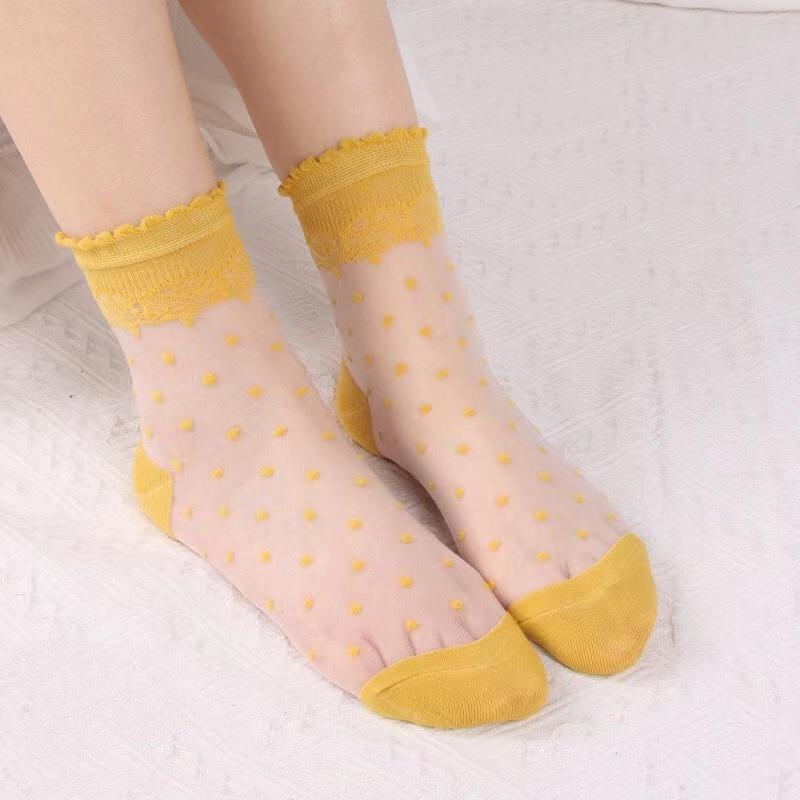 DONG AI Invisible Socks Women Summer Lace Socks Crystal Silk Polka Dot Ankle Socks Glass Black White Transparent Sock for Ladies