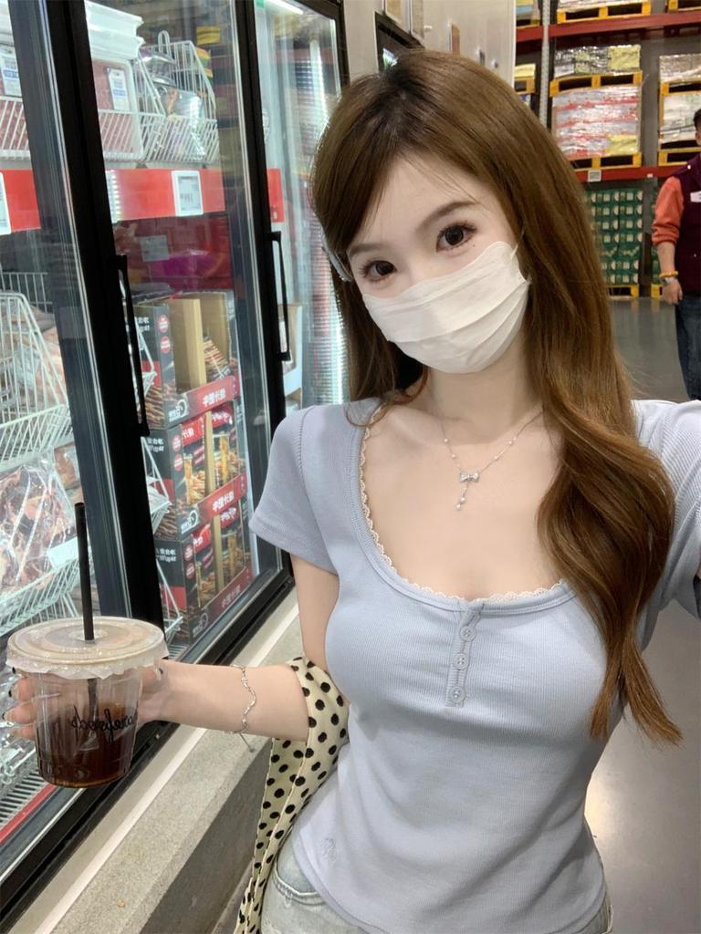 Spring/Summer Korean Style Lace Splice Square Neck Short Sleeve Women's T-Shirt