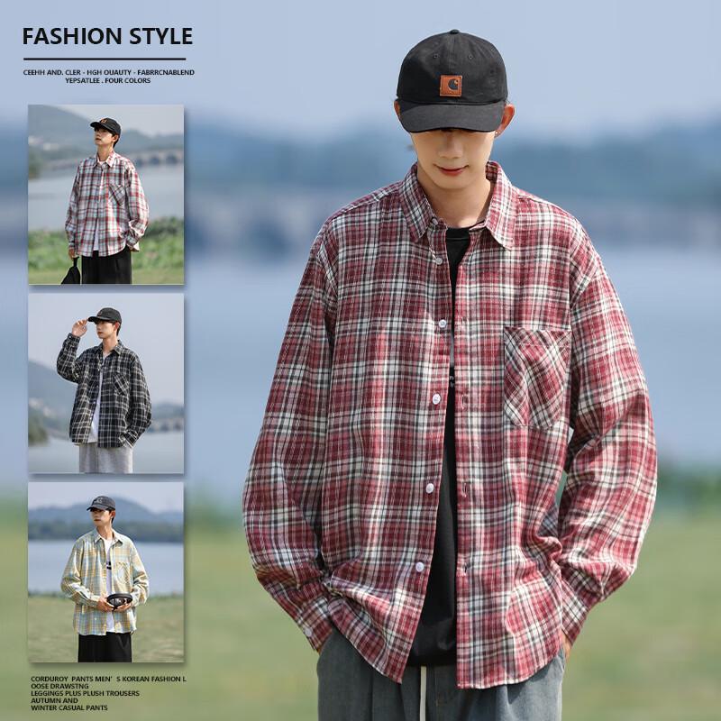 Men s Loose Fit Plaid Long Sleeve Shirt 2XL