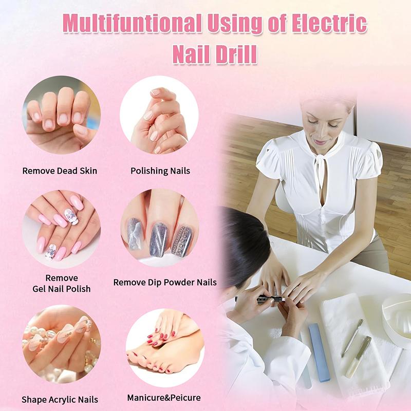 Electric Nail Drill Machine Set,Professional Manicure & Pedicure Kit With 6 Drill Bits, Usb Rechargeable & Adjustable Speed