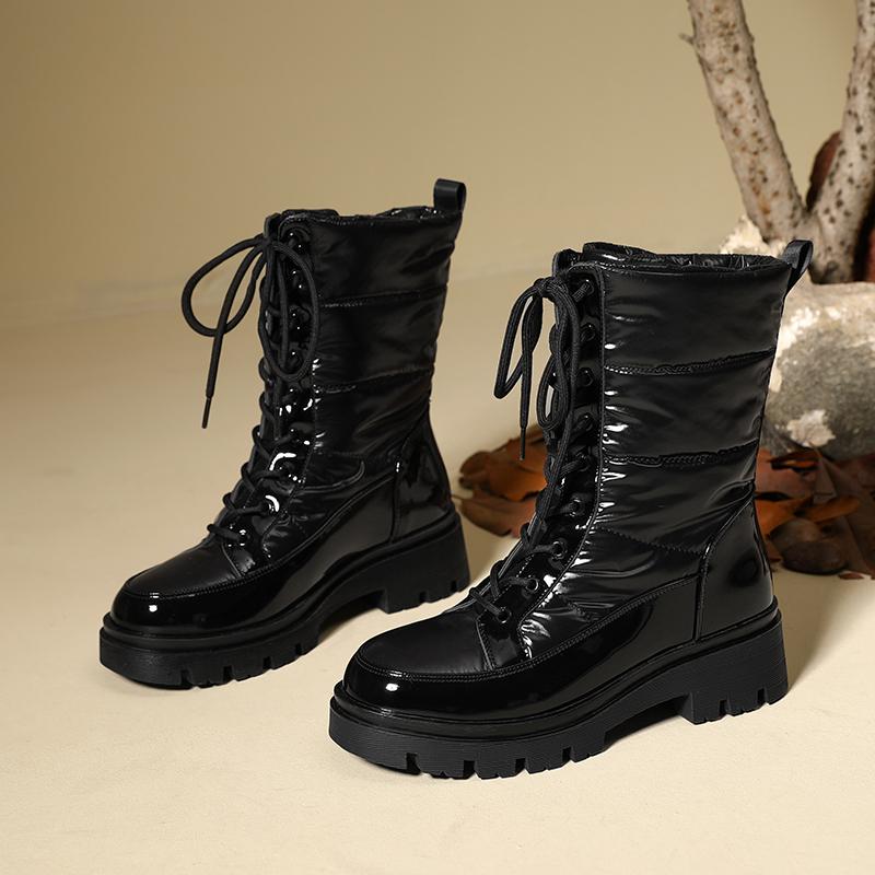 Wasserdichte Stiefeletten zum Schnüren Damen Winter Schneestiefel Damenschuhe Dickes Plüsch PU-Leder Winter Damen Motorradstiefel