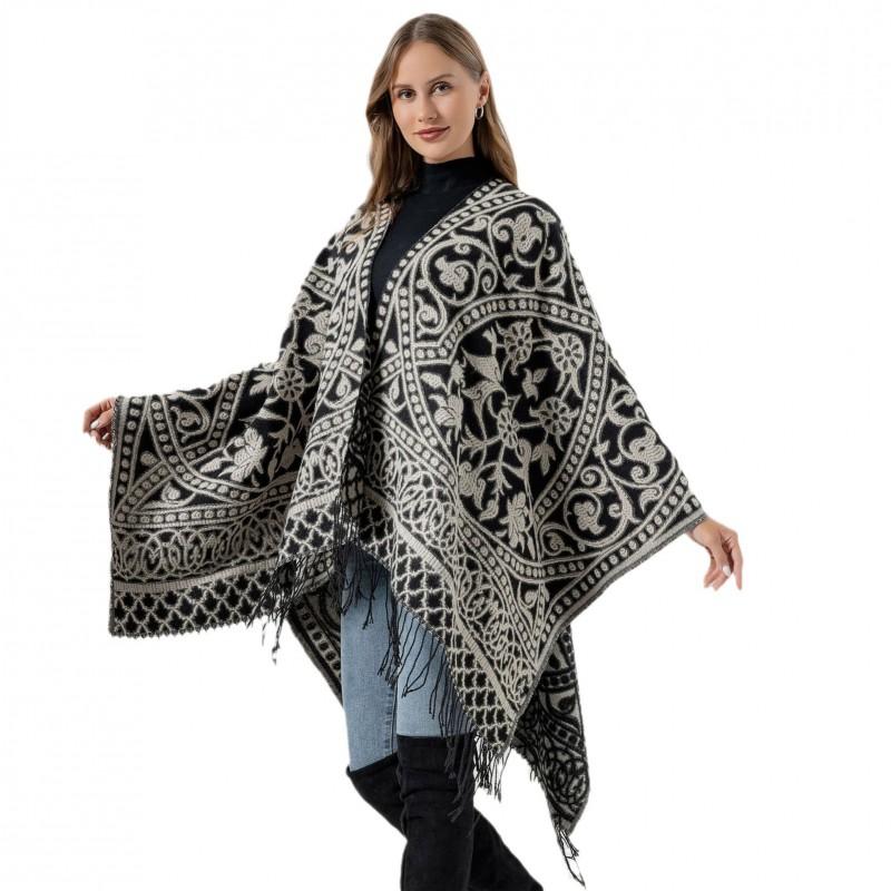 Women Men Knitted Shawl With Tassels Floral Warm Faux Cashmere Wrap Scarf Winter
