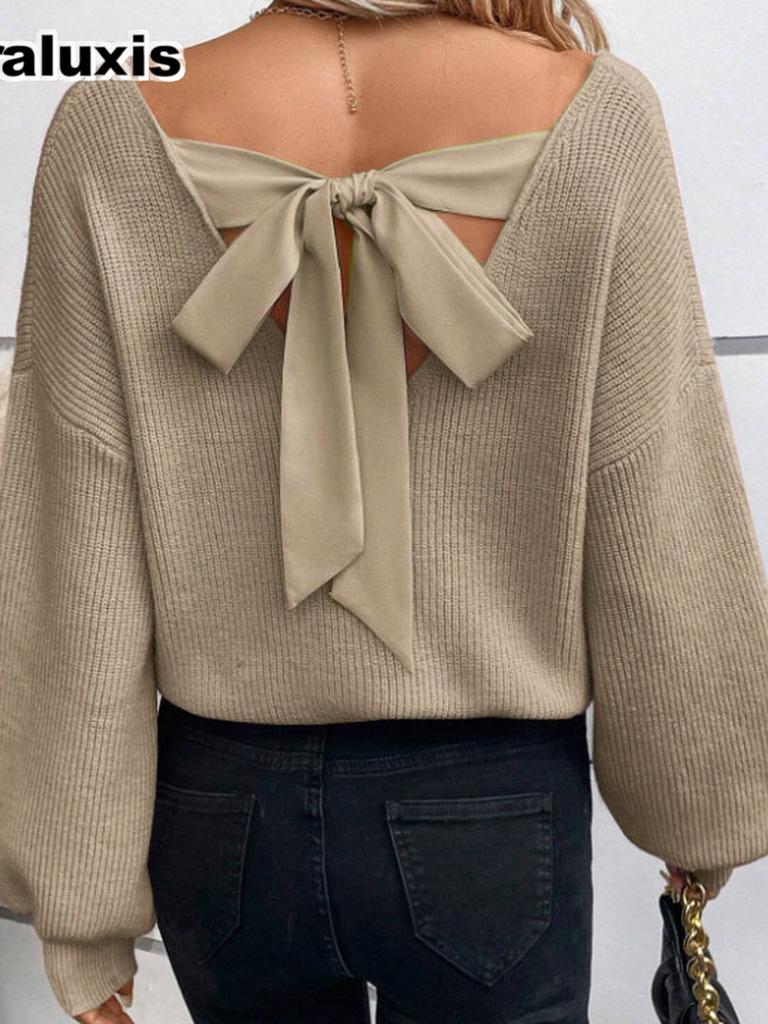 Fall Winter V-Neck Solid Color Women's Top, Imported New Long Sleeve Casual Loose Bow Tie Knit Sweater for Women