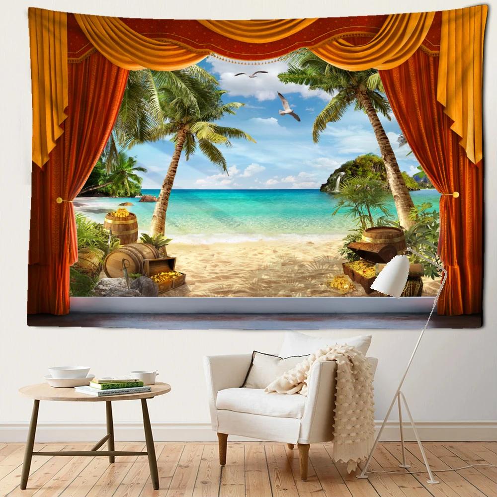 Imitation Window Coconut Tree Landscape Tapestry Wall Hanging Natural Art Landscape Bohemian Bedroom Living Room Home Decor