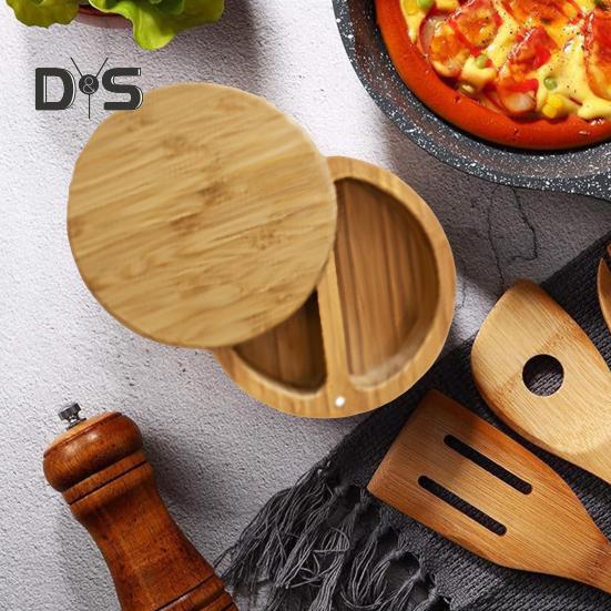 Bamboo Salt Cellar Seasoning Jar with Built-in Spoons Salt Container for Kitchen Swivel Lid Spice Box for Countertop