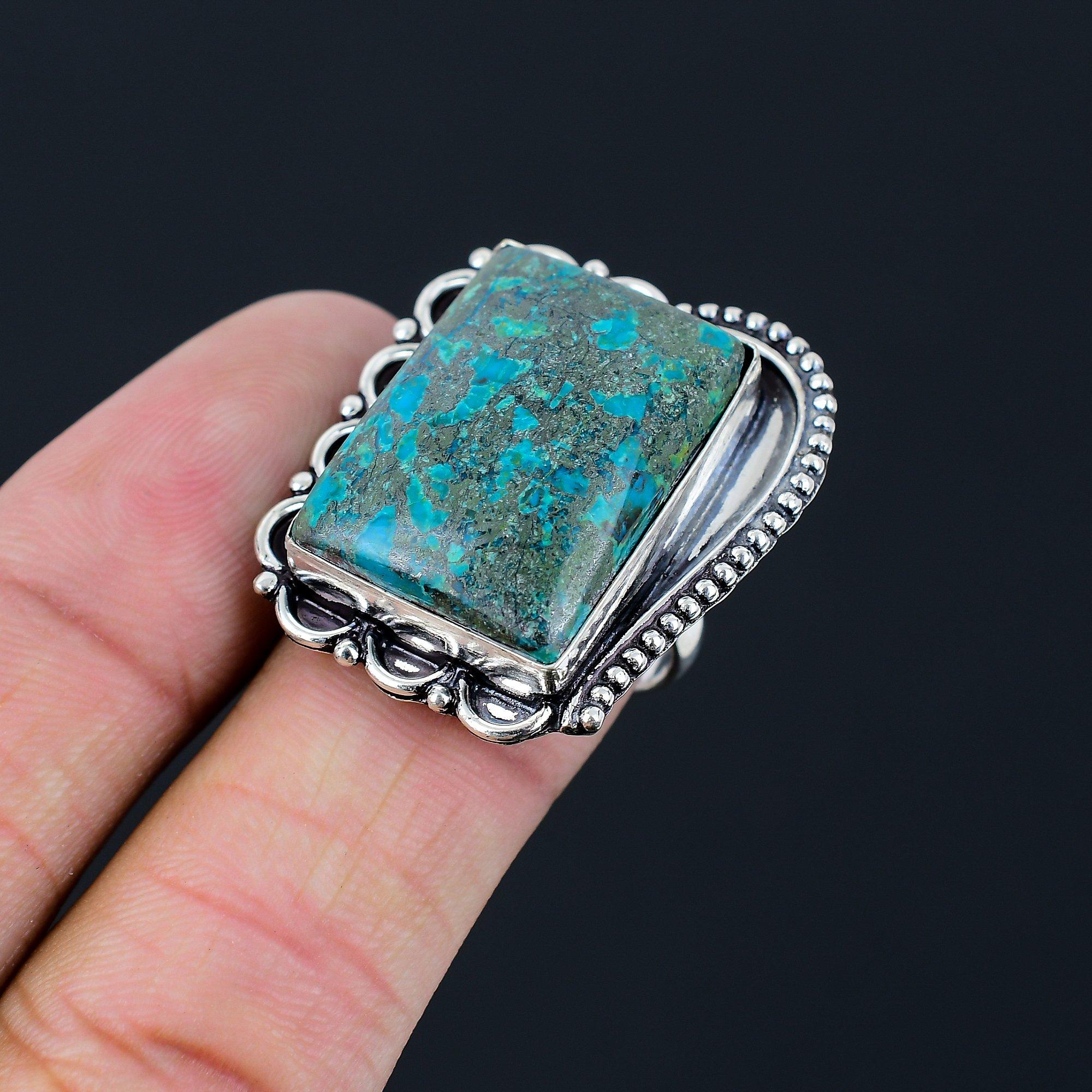 

925 Silver Chrysocolla Stone Statement Throat Chakra Wedding Ring Jewelry US 8.5 8.5