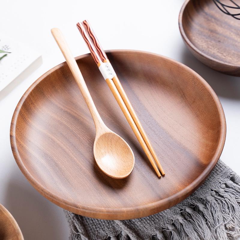 Acacia Wood Round Fruit Bowl: Japanese Tray for Snacks, Dried Fruits, or Desserts
