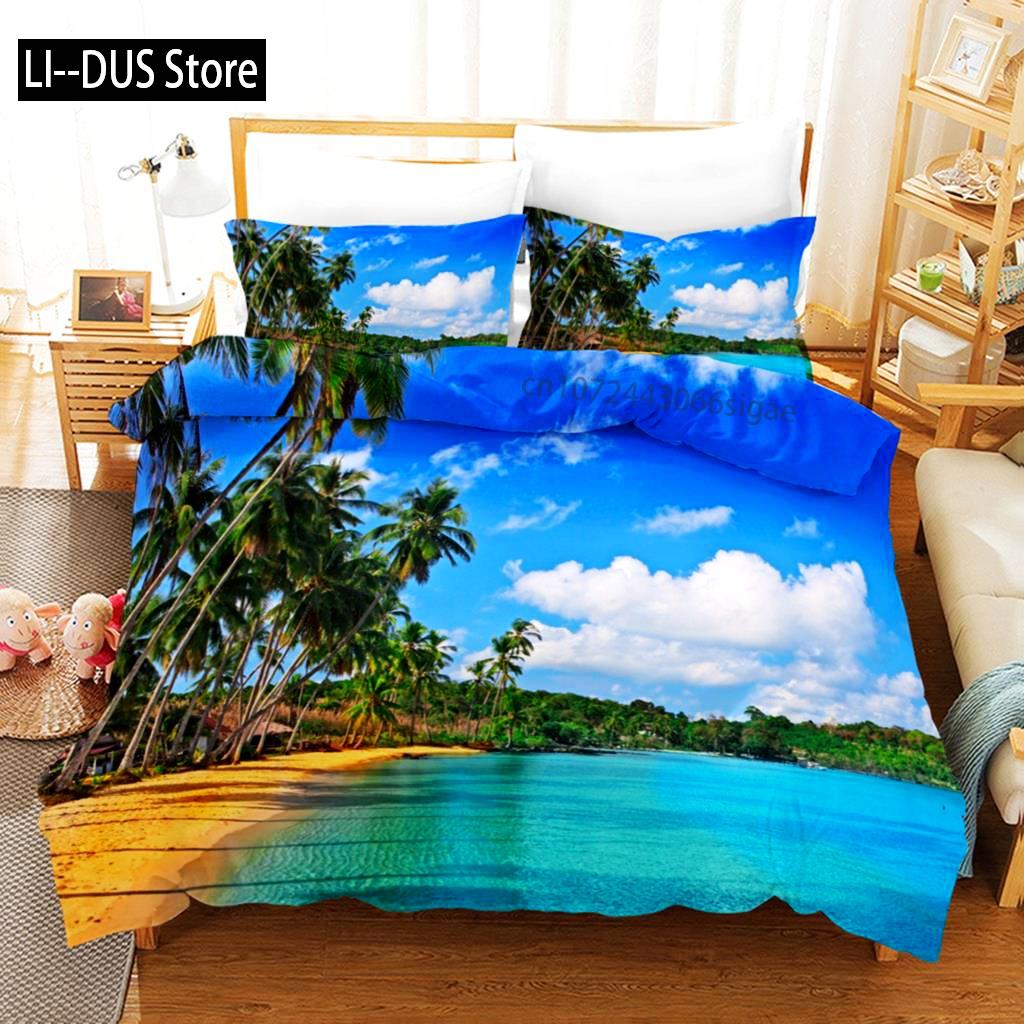 Plaj Yorgan Kılıfı Takımı Yaz Plaj Dekoru Hawaii Tatil Stili Yatak Takımı Polyester Palmiye Ağacı Tropikal Doğa Deniz Yorgan Kılıfı