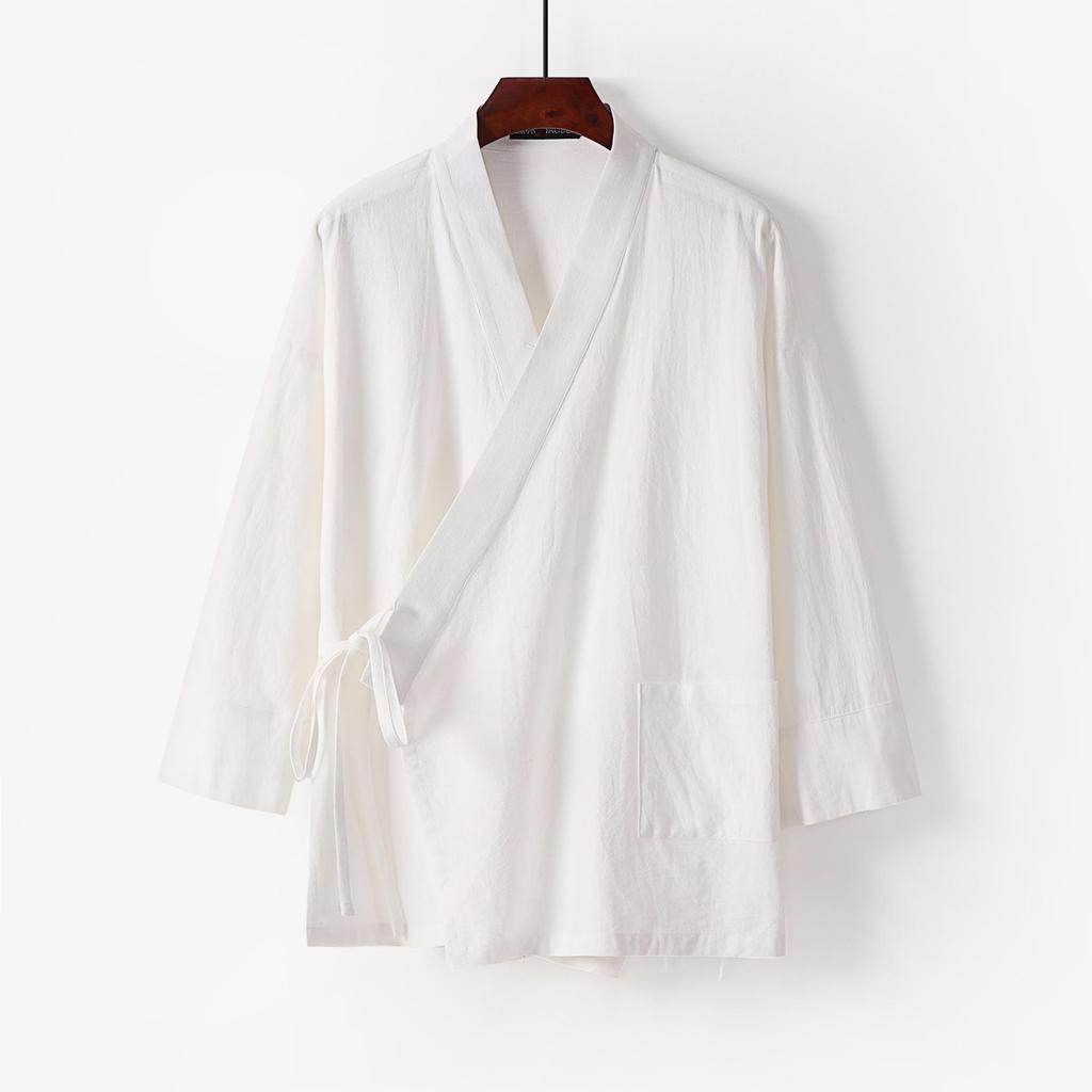 Pánský bavlněný lněný Tang oblek nadměrné velikosti: Sedmikrkavý Hanfu Daoistická košile a roucho Dvoudílná sada v čínském stylu