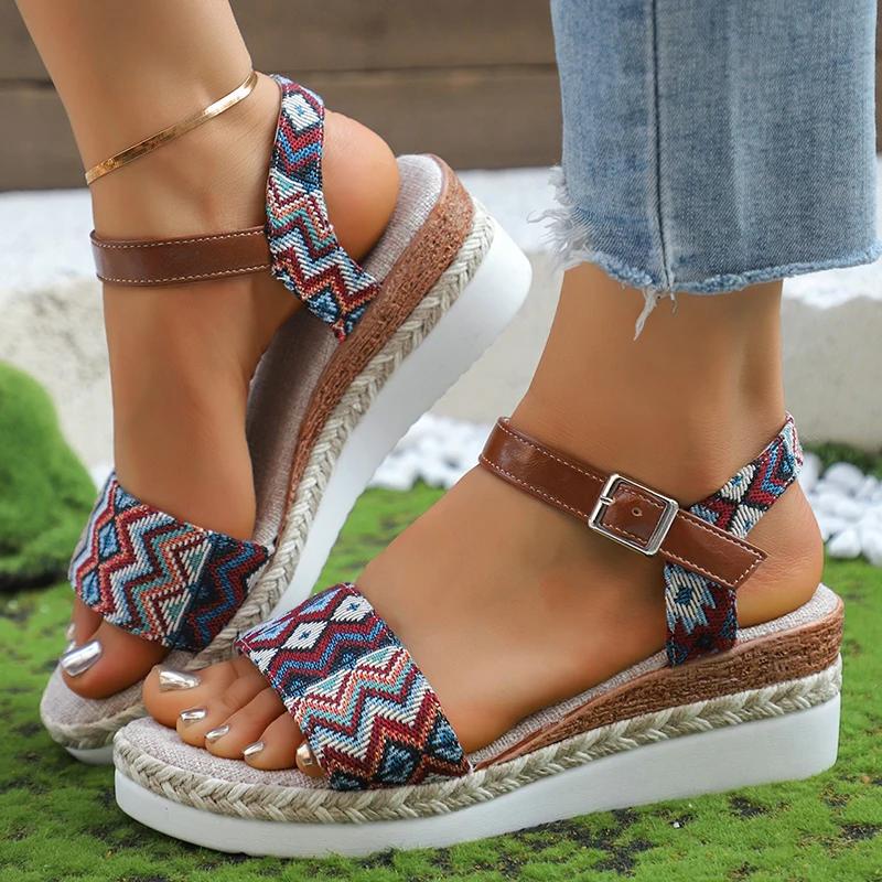 Geometry Striped Wedge Sandals for Women Summer Lightweight Beach Shoes Woman Plus Size Fashion Buckle Strap Platform Sandalias