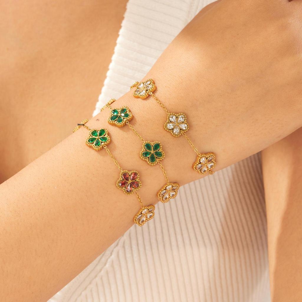 Gold-Plated Rhinestone Glass Flower Jewelry Set with Color Accents