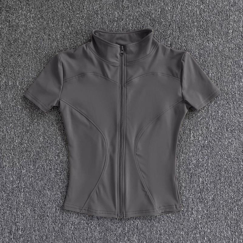 Women's Quick-Dry Slim-Fit Yoga Top - Waist-Cinching Short Sleeve with Half-High Collar