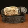 Men's Lion Head Leather Belt with Arabesque Pattern - Automatic Buckle, Cowhide, Casual for Jeans