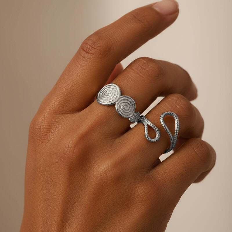 2Pcs/Set Stainless Steel Spiral Spliced Circle Rings for Women Men Irregular Hollow Opening Rings Banquet Jewelry Accessories