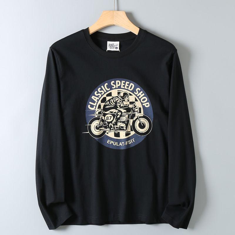 Original Export Surplus Soft and Skin-Friendly Casual Versatile All-Cotton Motorcycle Print Long-Sleeve T-Shirt for Men Trendy