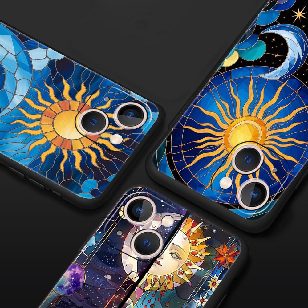 Beautiful Sun Moon Glass Phone Case Cover for iPhone 17 16 15 14 13 12 Pro Max 11 Pro Max 17 AIR Plus Shockproof Soft TPU Shell