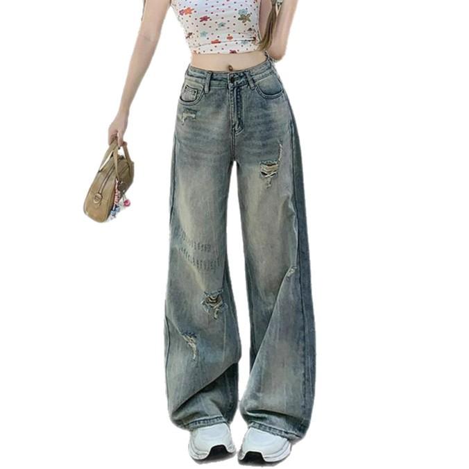 Fashionable Comfortable High Street Broken Jeans Women Years Straight Small Loose High Waist Thin Wide Leg Trousers Jeans for Women Long Denim Pants