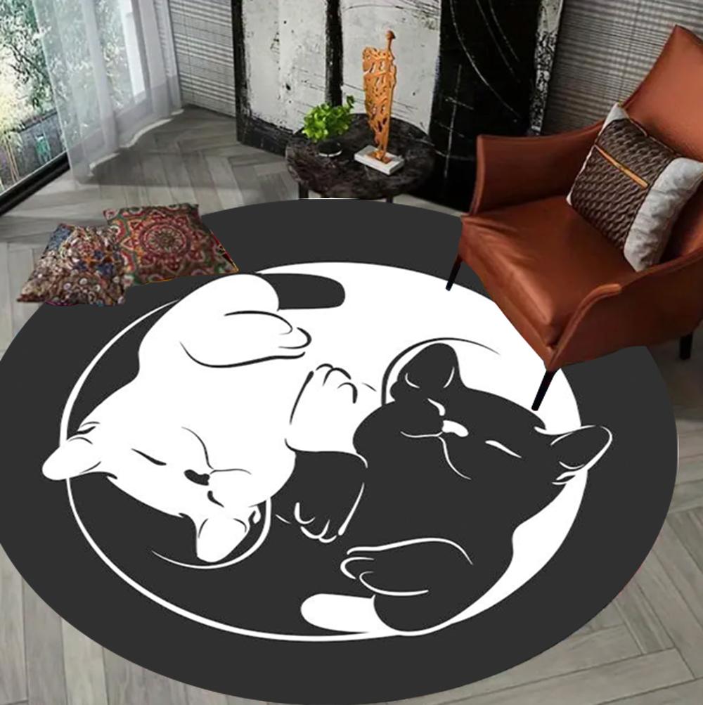 Yin Yang Cat Round Carpet Black and White Cat Large Carpet Bohemian Style Cat Door Mat Home Decoration Gift for Cat Lovers