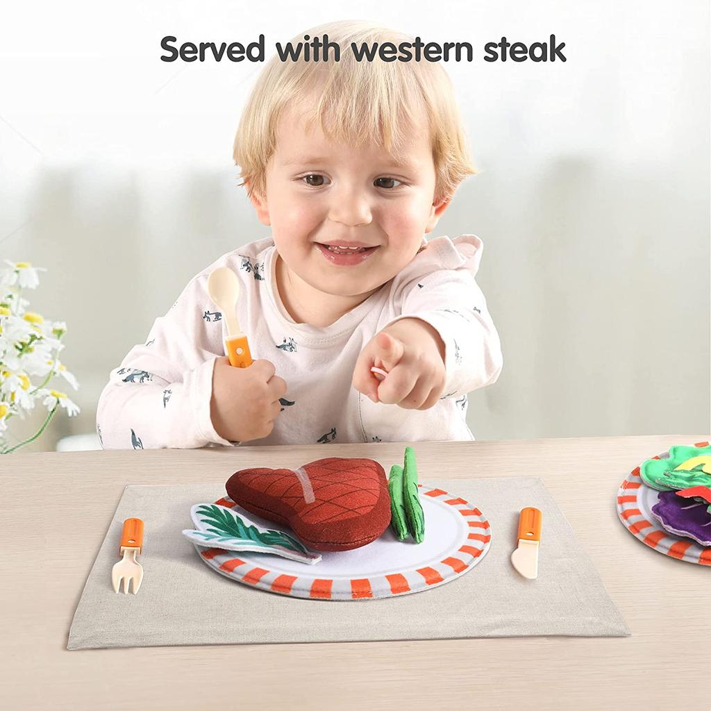 TUMAMA Pretend Play Food Set,Felt Pizza Food Toy,Play Cutting Pizza Toys with Beef Steak,Vegetables,Dinnerware and Plates Accessories for Toddlers