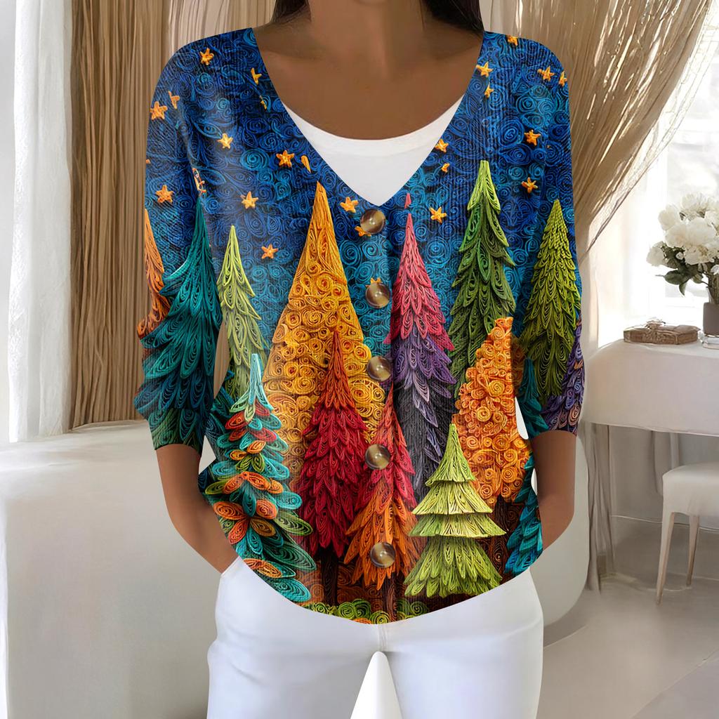 Damemote Langermet Christmas Snowman Snowflake Print Jakke Cardigan
