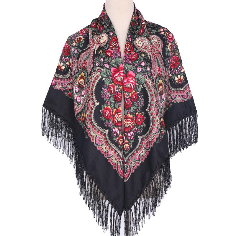 Women's Russian Print Large Silk Shawl Scarf with Fringe, Perfect for Skirts and Qipao, Yunnan Tourism Wear