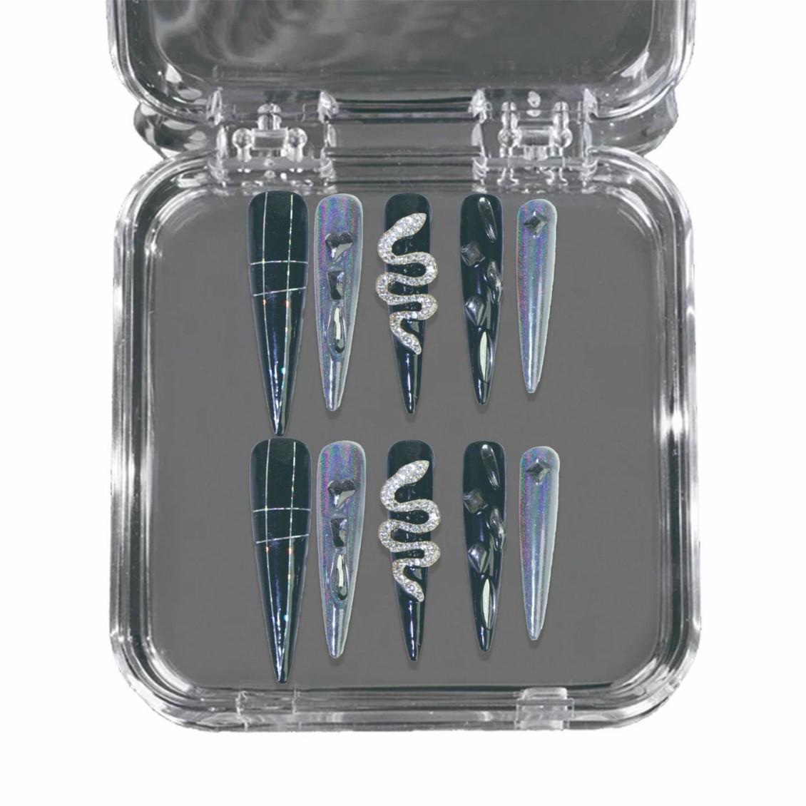 

European-American Style Silver Snake Press-On Nails - 10 Piece Set Small