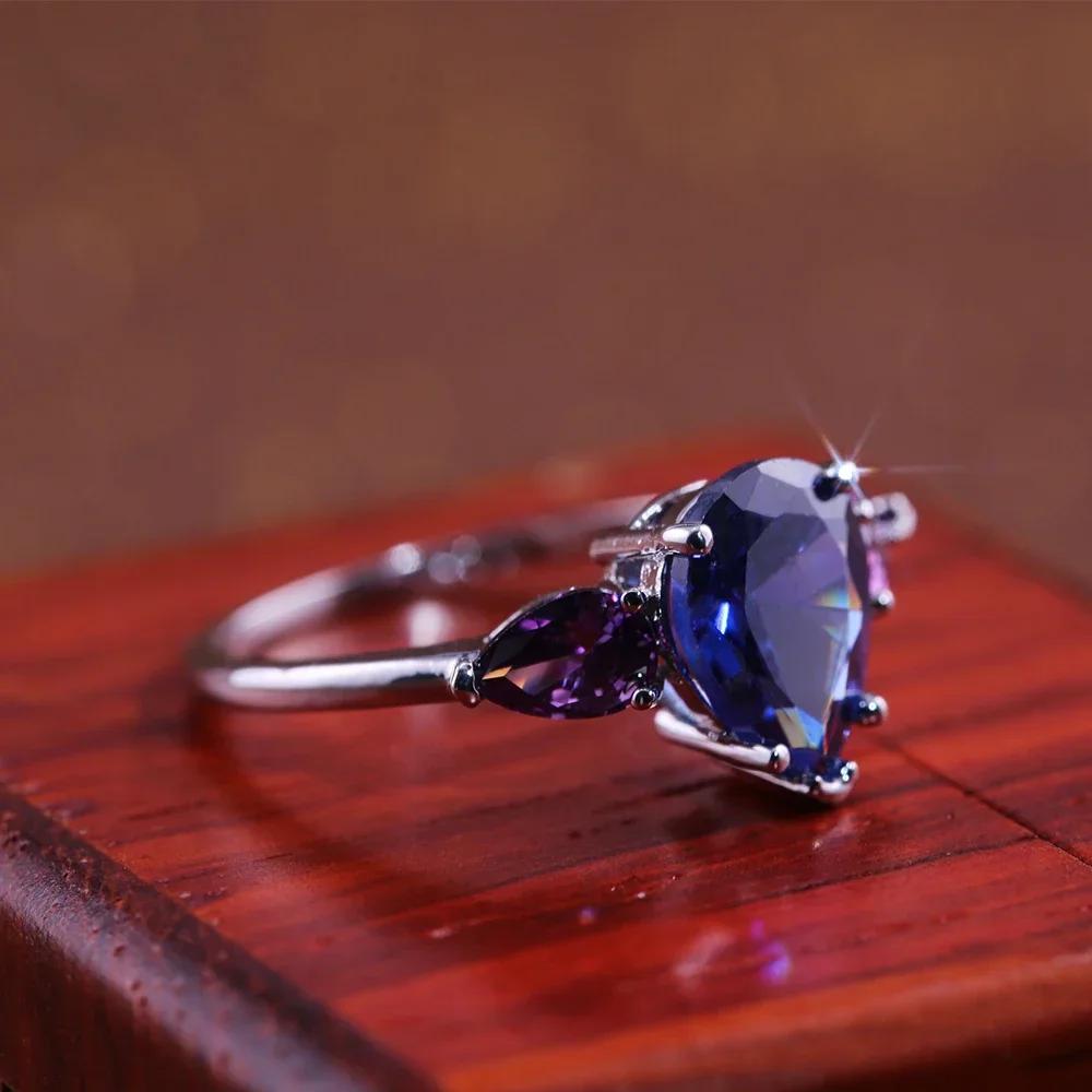 Huitan Tear Drop Women Ring With Bright Blue Purple Stone Wedding Engagement  Pear Shaped Water  Jewelry