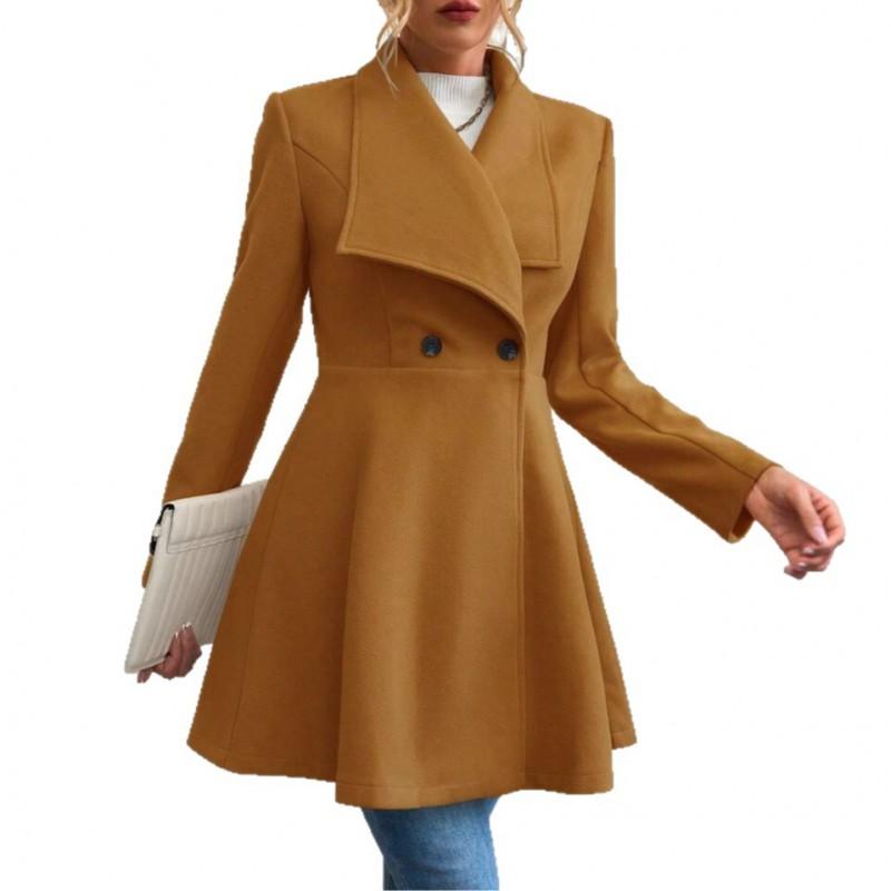 Womens Slim Fit Long Wool Blend Coat Winter Elegant Turn-Down Collar Outerwear