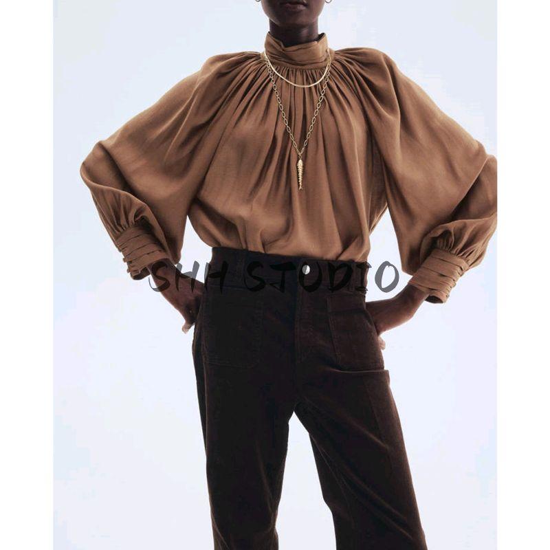 New Fall Women's Clothing French Style Design Stand Collar Raglan Lantern Long Sleeve Draped Tops 1297202