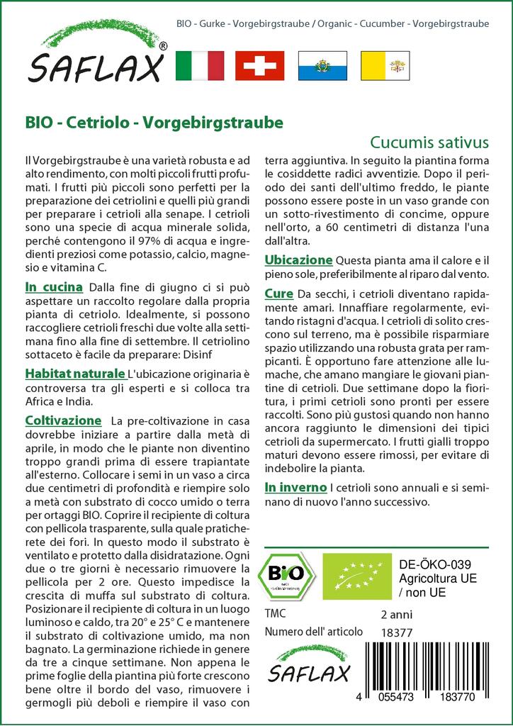 SAFLAX Garden in the Bag - Bio - Okurka - Vorgebirgstraube - 15 semen - Se substrátem v padnoucím sáčku - Cucumis sativus