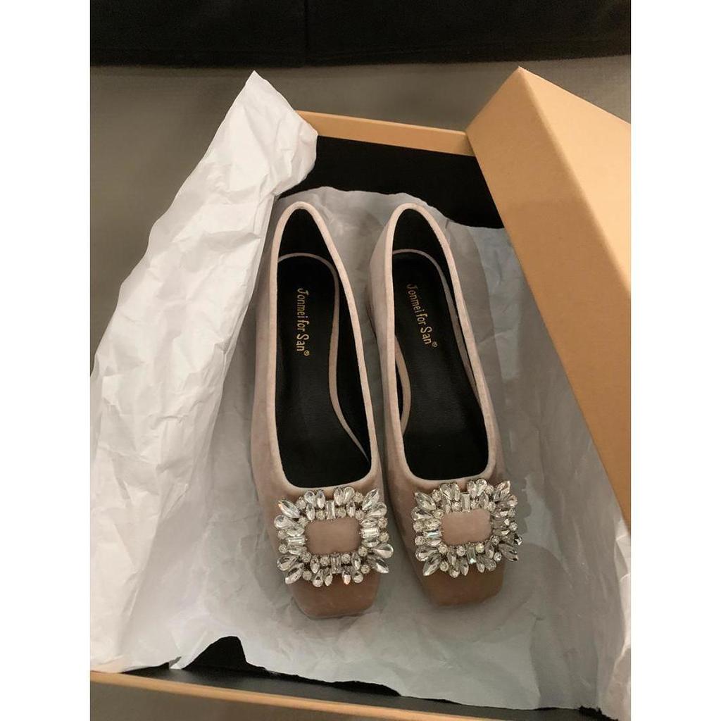 Coarse Heel French Rhinestone Temperament Single Shoes Women's Shoes 2025 New Spring and Autumn Black Square Head Commuting Shoes