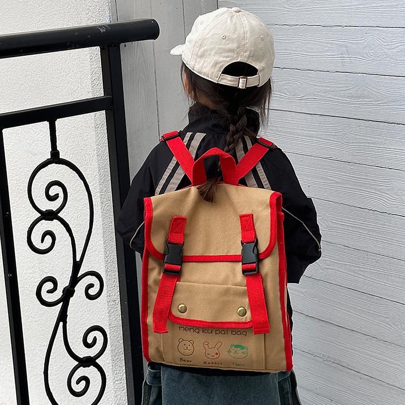 Adorable Animal Print Dual Color Canvas Backpack For Preschool Kids Unisex Design