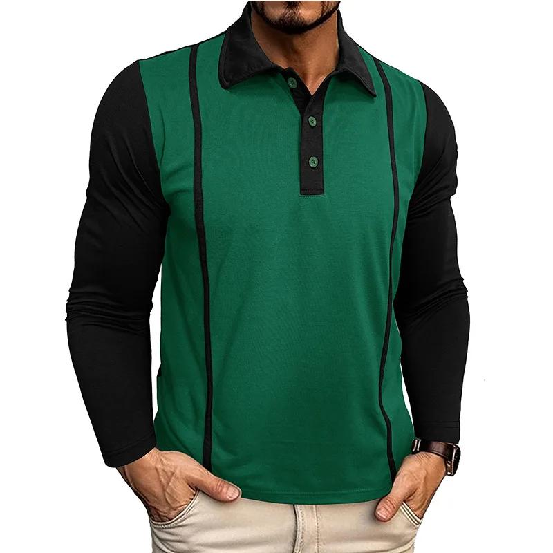 Spring Autumn Men's Contrasting Color Lapel Long Sleeve Button Polo Shirts Mens Casual Polos Tops