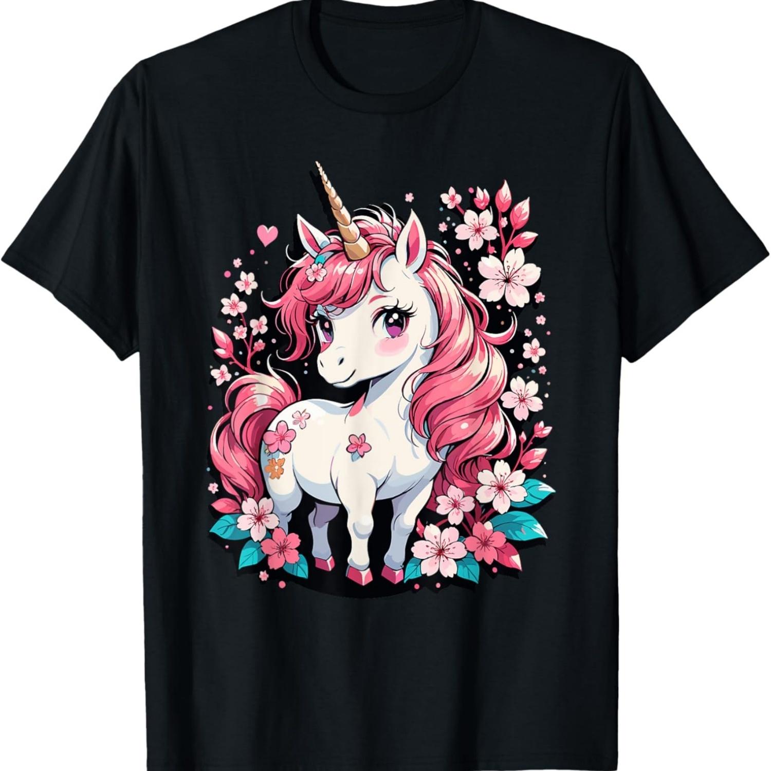 Cute Unicorn  Cherry Blossom Sakura Kawaii Unicorn T-Shirt S чёрный