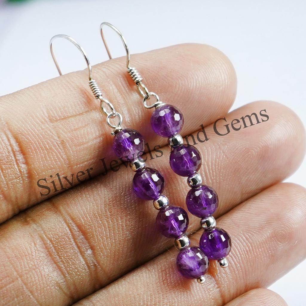 Amethyst Earrings, Round Beaded Earrings, 925 Sterling Silver Handmade Earrings, Dangle Earrings, February Birthstone, Anniversary Earrings