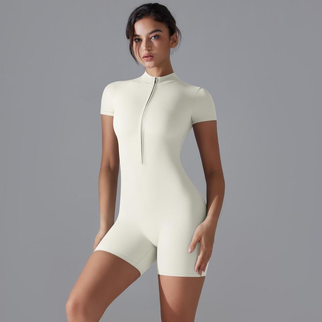 Nude Feel Stand-Up Collar One-Piece Yoga Bodysuit with Half-Zip & Short Sleeves