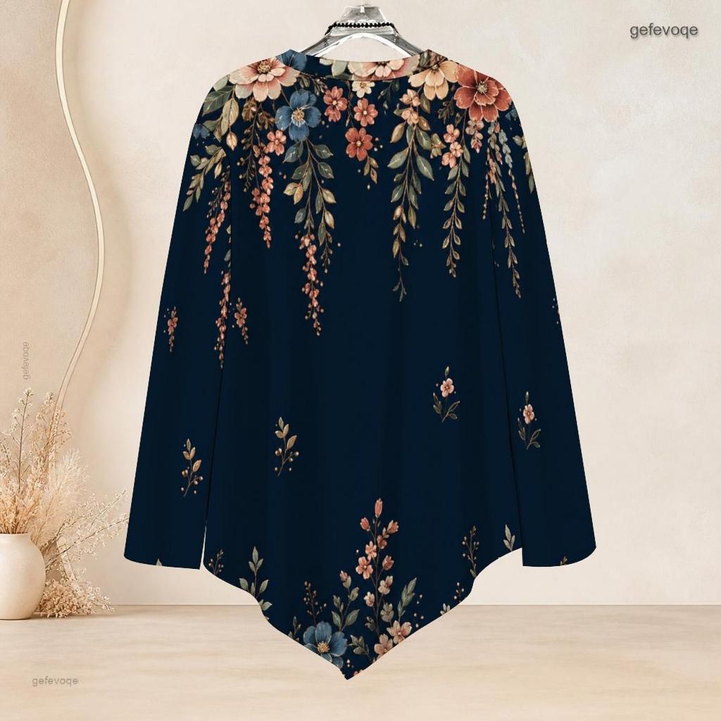 Women Plus Size Round Neck Long Sleeve T Shirt Dark Green Gold Floral Printed Asymmetric Hem Button Detail