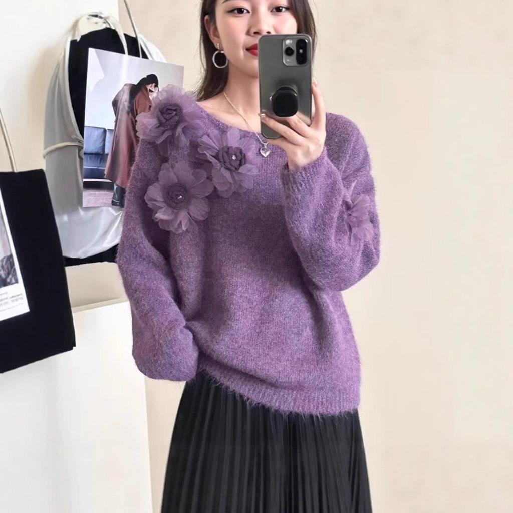 2026 Herbst/Winter Damen Übergröße 3D Floral Strick Rundhals Pullover