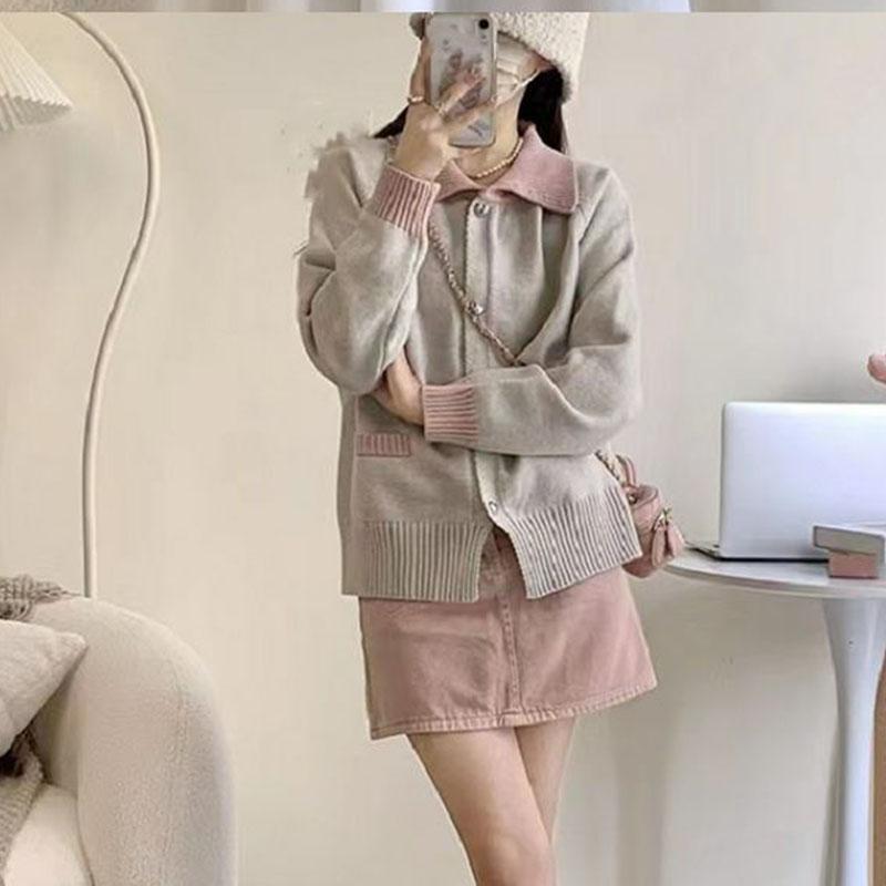 Cardigan Høst/Vinter Løs Polo Krage Liten Duftende Myk Glutinous Genser Strikket Cardigan Dame Design Sense Genser Topp
