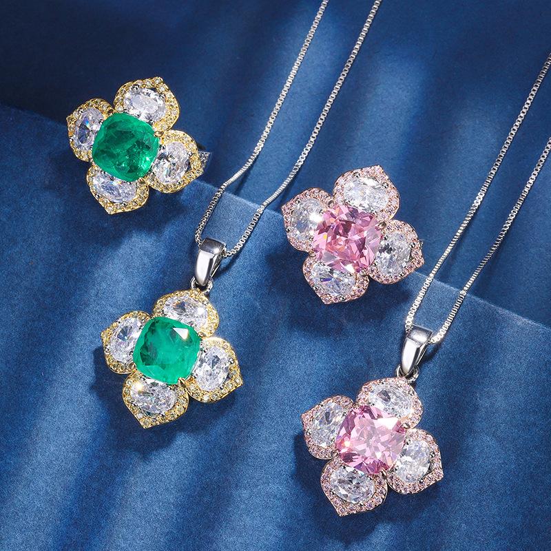Jewelry Retro Simulation Emerald Pink Diamond Inlaid Princess Square Flower Set Main Stone 10 * 10
