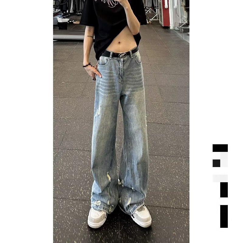 American Retro Washed Old Ripped Jeans Men's Spring New Loose Straight Wide-leg Pants