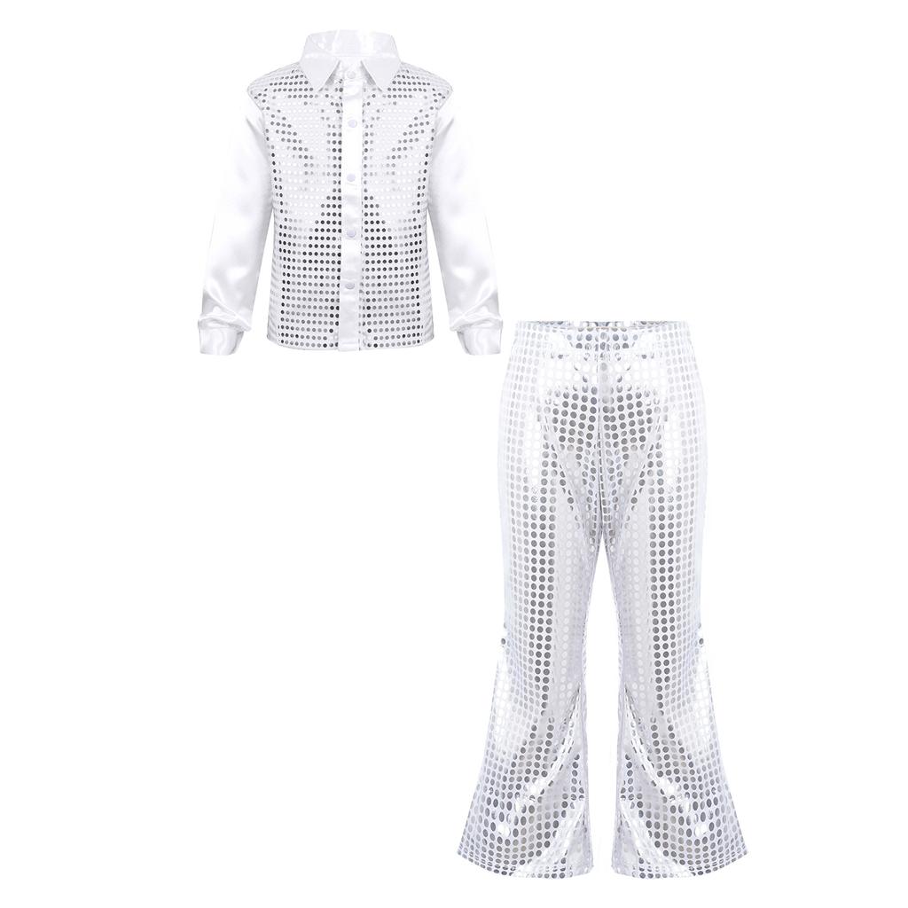 Boys Sequined Long Sleeve Spread Collar Shirt Elastic Waistband Flared Pants Jazz Outfit