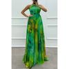 Women Halter Neck Sleeveless Printed Tie Waist Flowy Hem Dress, Casual Fashion Summer Dress for European American Women